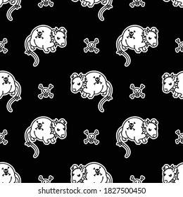 Cute punk rock rat monochrome lineart on black background vector pattern. Grungy alternative checkered home decor with cartoon animal. Seamless rocker attitude all over print. 