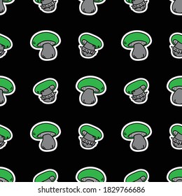 Cute punk rock satans bolete mushroom on black background vector pattern. Grungy alternative home decor with cartoon poisonous forest fungi. Seamless rocker attitude mycology all over print.