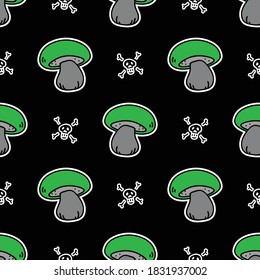 Cute punk rock satans bolete mushroom on black background vector pattern. Grungy alternative home decor with cartoon poisonous forest fungi. Seamless rocker attitude mycology all over print.