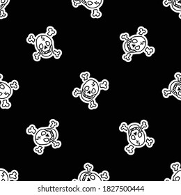 Cute punk rock skull monochroem lineart background vector pattern. Grungy alternative checkered home decor with cartoon. Seamless rocker attitude all over print. 