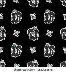 Cute punk rock skunk and skull on black background vector pattern. Grungy alternative checkered home decor with cartoon animal. Seamless rocker attitude all over print. 