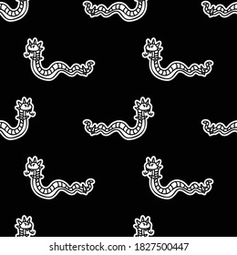 Cute punk rock snake monochrome lineart on black background vector pattern. Grungy alternative checkered home decor with cartoon animal. Seamless rocker attitude all over print. 