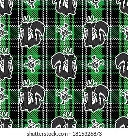 Cute punk skunk with skull on plaid background vector pattern. Grungy alternative checkered home decor with cartoon animal. Seamless rocker attitude all over print. 