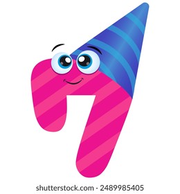 Cute Punk Smiling Number Seven in blue Birthday hat. Happy birthday 7 year. Vector flat cartoon character illustration icon design Isolated on white background. Happy birthday 7 year card concept.