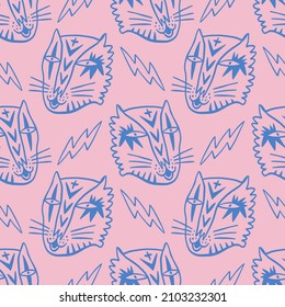 Cute punk tigers childish cartoon groovy doodle boho illustration naive funky handdrawn style art seamless pattern vector