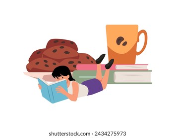 Cute pupil girl reading book near the cup of coffee on stack of books with cookies. Educational design, book lover bibliophile concept. Cartoon vector illustration isolated on white