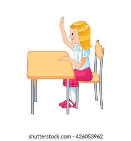 Cute pupil raising hand in elementary school - Vector