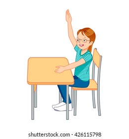 Lindo alumno levantando la mano en la escuela primaria - Vector