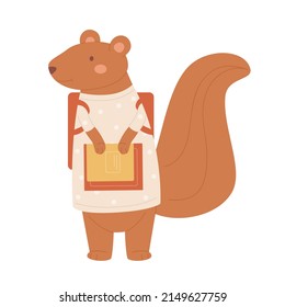 Una ardilla de pupilos muy fina que sostiene libros educativos escolares. Estudiante roedor parado con ilustración vectorial de caricatura de mochila