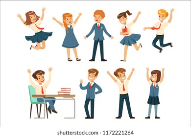 Cute pupils in blue school uniform having fun at school set, back to school, education concept colorful vector Illustrations