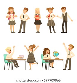 Cute pupils in grey school uniform having fun at school set, back to school, education concept colorful vector Illustrations