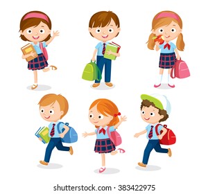 cute pupils in school uniform  with backpacks and books