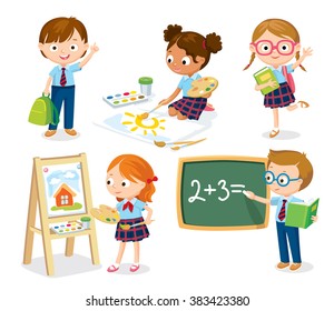 cute pupils in school uniform studying, drawing, reading