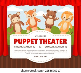 Cute Puppet Animal Toys on Hand as Theater Performance Invitation Card Vector Template