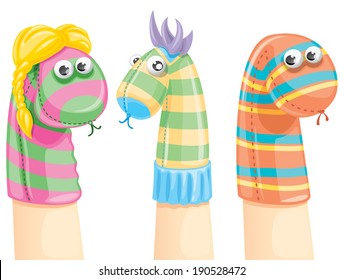 Cute puppets cartoon characters made of socks. Set of three hand puppets in different shape and colors. Vector illustration cartoon on white background. Set 1