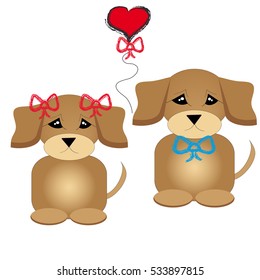 Cute puppies with bowl and heart on white background. Vector illustration.