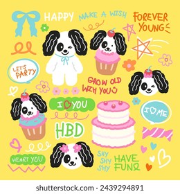 Cute puppies with cakes and cupcakes for birthday card, party icons, logo, dogs, pet, pet shop, vet, pet food, animal sticker, cartoon character, plush toy, doll, pastel patches, sweet dessert, cafe