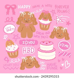 Cachorros lindos con pasteles y cupcakes para tarjeta de cumpleaños, iconos de fiesta, logotipo, perros, mascotas, tienda de mascotas, veterinario, comida para mascotas, pegatina animal, personaje de dibujos animados, juguete de peluche, muñeca, parches pastel, postre dulce, café