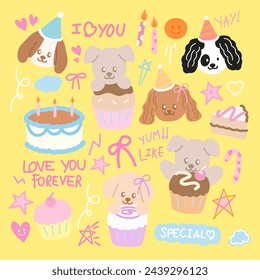 Cute puppies with cakes and cupcakes for birthday card, party icons, logo, dogs, pet, pet shop, vet, pet food, animal sticker, cartoon character, plush toy, doll, pastel patches, sweet dessert, cafe