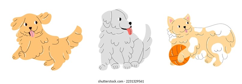 Cute puppies collection isolated on white background. Adorable fluffy little dogs running , playing with ball, sitting and smiling. Happy  funny pet. Flat style minimalist vector illustration.