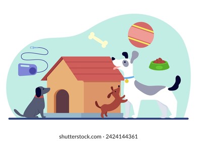 Cute puppies getting presents for national puppy day. Vector illustration of  dog-house, dog-lead, bone, pet food. Domestic animal, caring for pets concept 