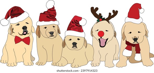 Cute puppies Illustration wearing Santa hats