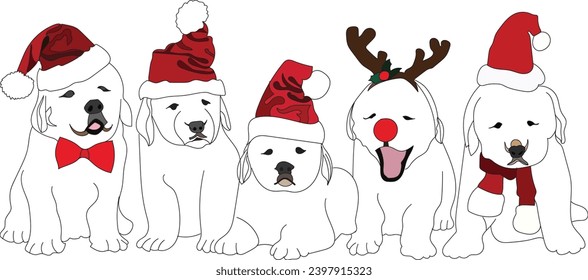 Cute puppies Illustration wearing Santa hats