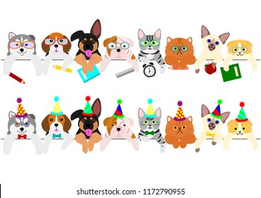 cute puppies and kitties border set with school items and with party hats and ties