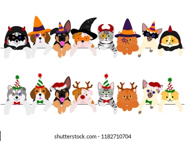 cute puppies and kitties border set with Halloween costumes and with Christmas costumes