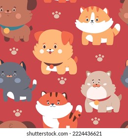 Cute puppies and kitties vector cartoon seamless pattern background for wallpaper, wrapping, packing, and backdrop.