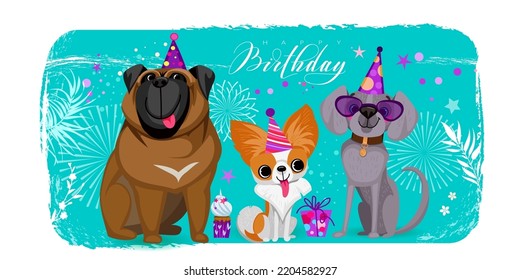 Cute puppies on birthday party. Vector greeting card design