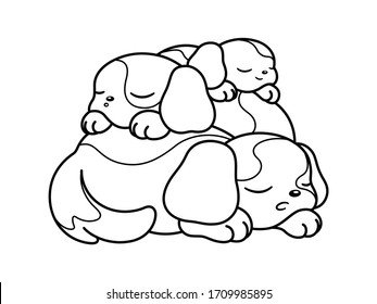 Cute puppies peaceful sleeping on top of each other vector cartoon black and white illustration outline. Coloring book page for kids children adults.