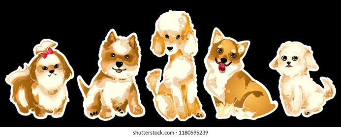 Cute puppies set. Home pets isolated on black background. Vector illustration art. Cartoon portraits of animals dogs.