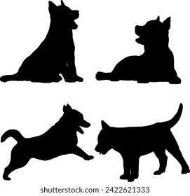 Cute puppies silhouette in different poses on white background