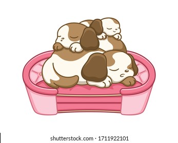 Cute puppies sleeping on top of each other on a dog bed. Flat vector cartoon illustration.