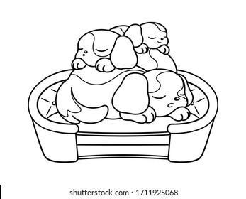 Cute puppies sleeping on top of each other on a dog bed cartoon. Vector illustration coloring book page for kids children and adult.