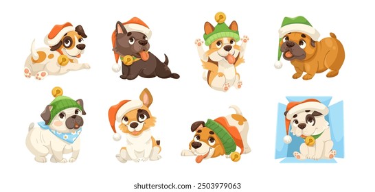 Cute puppies wearing festive hats sitting and playing. Vector illustration