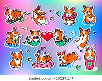 Cute puppies Welsh Corgi. Corgi mermaid. Super big set of different badges. Fashion patches, stickers, pins and signs isolated on abstract colorful background. Happy Valentine's Day!