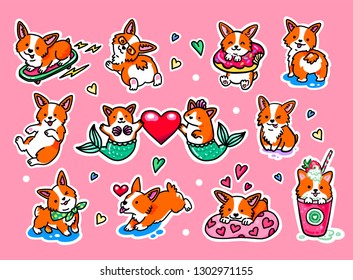 Cute puppies Welsh Corgi. Corgi mermaid. Large set of different badges. Fashion patches, stickers, pins and signs isolated on pink background. Happy Valentine's Day!