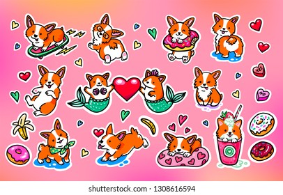 Cute puppies Welsh Corgi. Corgi mermaid. Huge set of different badges. Fashion stickers isolated on pink background. Design elements for Valentine's day and more. Happy Valentine's Day!