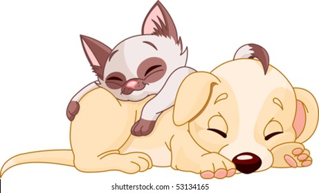 Cute Puppy and adorable kitten are sleeping