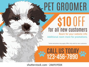 Cute puppy advertising pet grooming salon postcard with coupon template