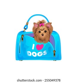 Cute puppy in bag. Isolated vector illustration.