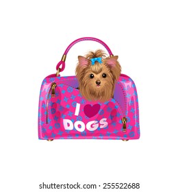 Cute puppy in bag. Isolated vector illustration.