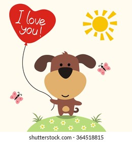 Cute puppy with balloon-heart. I love you! Valentine's day card.