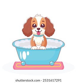 Cachorro lindo en el baño aislado en el fondo blanco