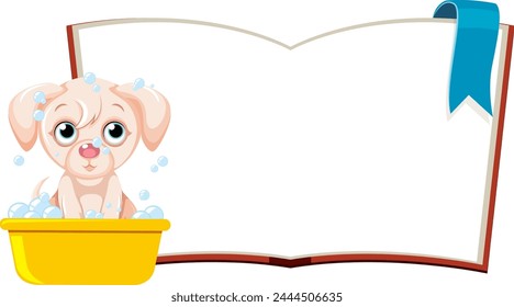 Cute puppy in a bath on an open book page