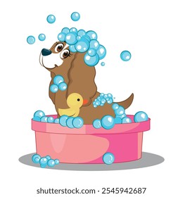 cute puppy bathing in a basin or bathtub full of soap bubbles and foam. vector illustration.