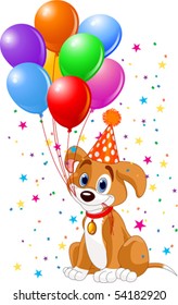 Cute Puppy with birthday balloons and party hat