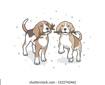 Cute puppy is biting a branch with a background of dots